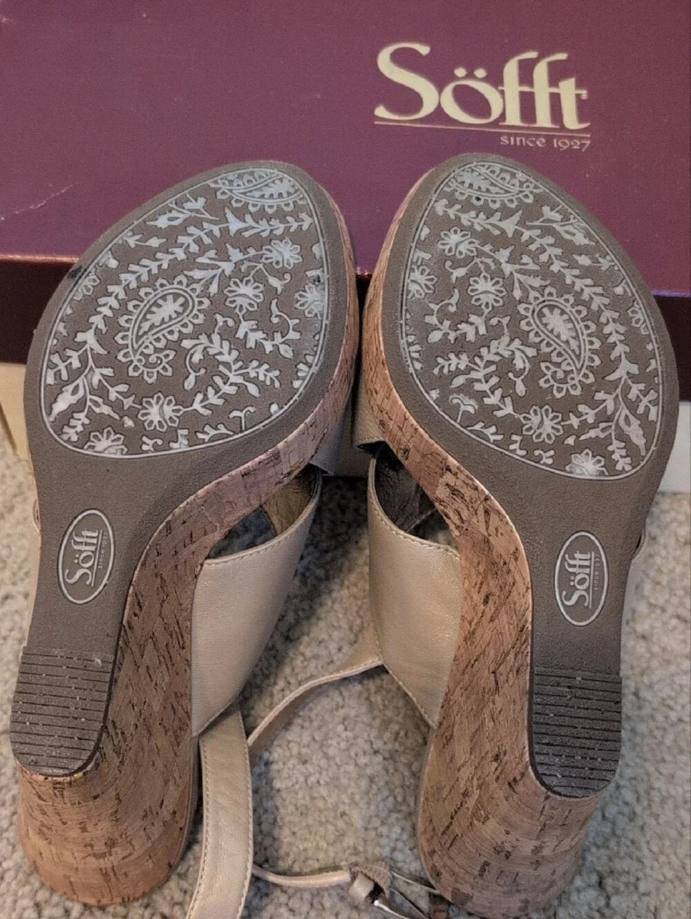 Sofft Taupe Leather Cork Wedge Sandals